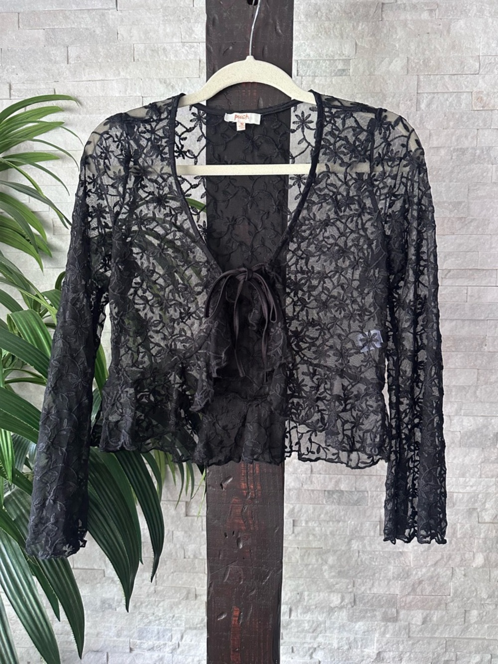 Peach Sheer Black Floral Lace Tie-Front Cover Size M